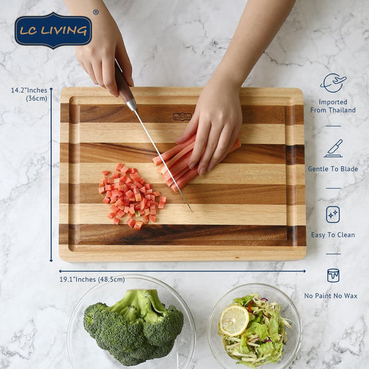 Thai End Grain Acacia Wood Striped Rectangular Butcher Board with Groove, best for chopping serving butcher board, prep station, kitchen deco, cheese, meat, bread, veggies & fruits, 19"x14"