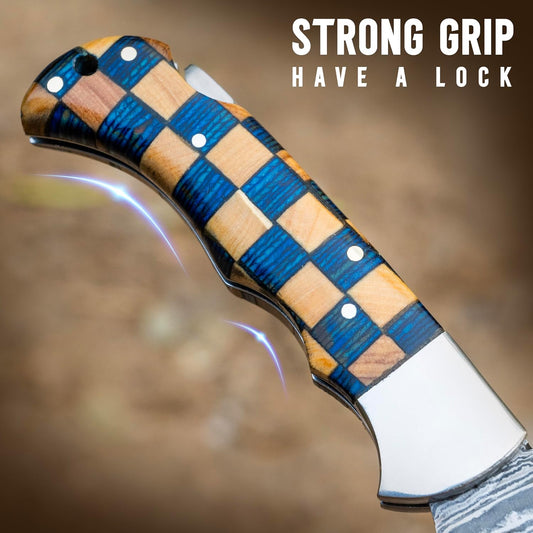 Damascus Steel Pocket Knife with Clip and Leather Sheath - EDC Knives for Outdoor and Camping Activities, Handmade Folding Knife, Free Sharpner (Chess foldable)