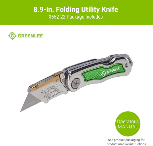 0652-22 8.9" Folding Utility Knife with Retractable 3-Position Serrated Blade, Silver/Green