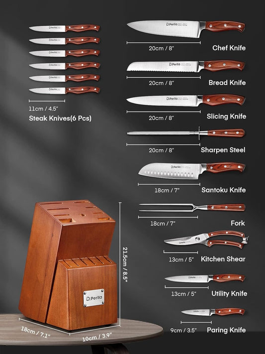 Kitchen Knife Set, 16 Pcs Stainless Steel Kitchen Knife Set with Sharpener & Wooden Block, Knife Block Set with Wood Handle, Chef, Santoku, Bread, Utility, Paring & Carving Fork Knife, Brown