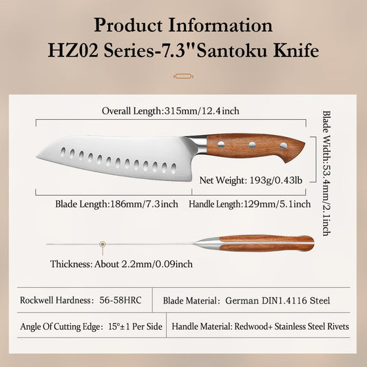 Santoku Chef Knife-7.3 inch Blade German DIN 1.4116 Stainless Steel-Full Tang-Red Wood Handle