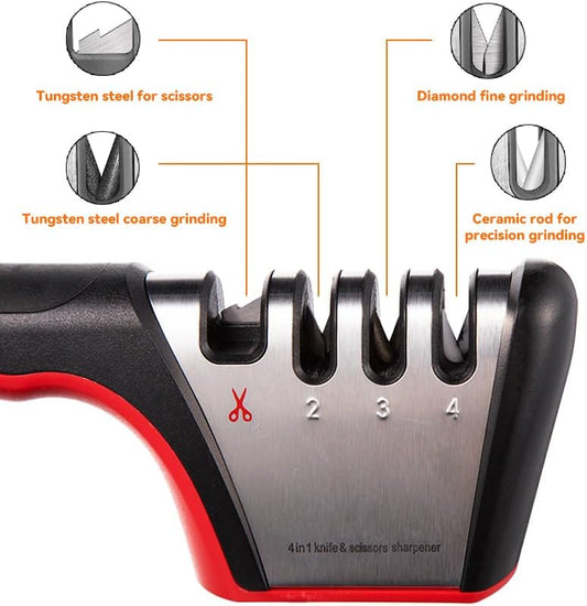 Knife Sharpener, 4-in-1 Kitchen Knife and Scissor Sharpener | Coarse, medium, fine, plus scissor slot, angle guides, non-slip base, ergonomic handle, for steel and ceramic knives