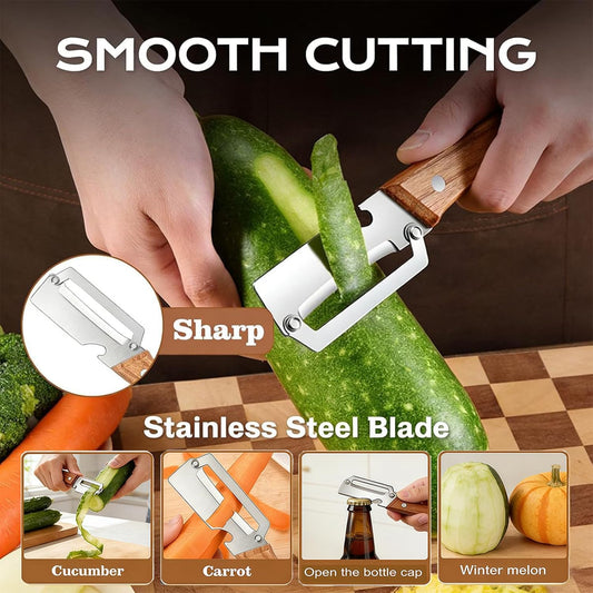 2-in-1 stainless steel vegetable peeler with wooden handle and bottle opener, stainless steel blade, non-slip kitchen fruit peeler(2pcs)
