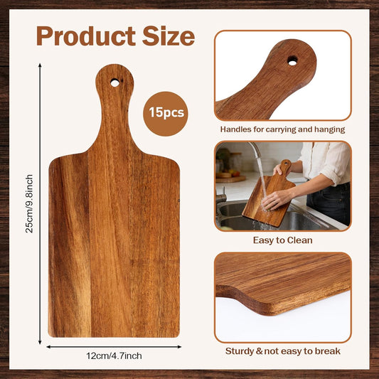 15 Pcs Wood Cutting Board with Handle 11 x 4.92 Inch Acacia Wooden Serving Kitchen Chopping Boards Wooden Serving Board with Hanging Hole for Vegetables Meat Pizza Cheese Fruit Bread