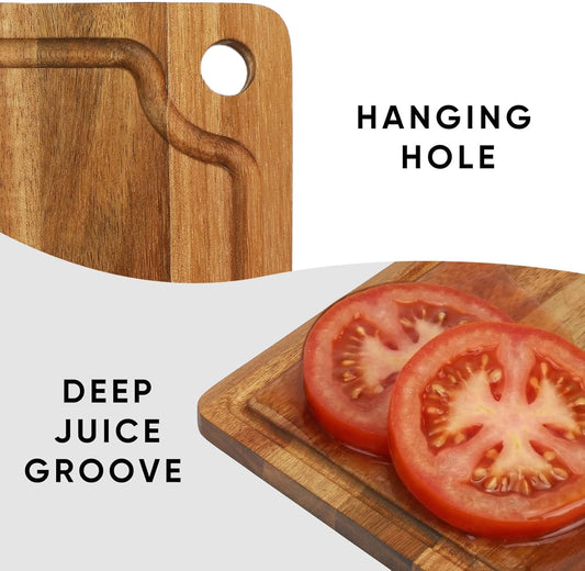 Acacia Wood Small Cutting Board for Kitchen, 10x7 Inch Mini Chopping Bar Board with Juice Groove & Hanging Hole, Thickened Portable Cheese Board for Camping,BBQ, Dorm, RV and Small Spaces