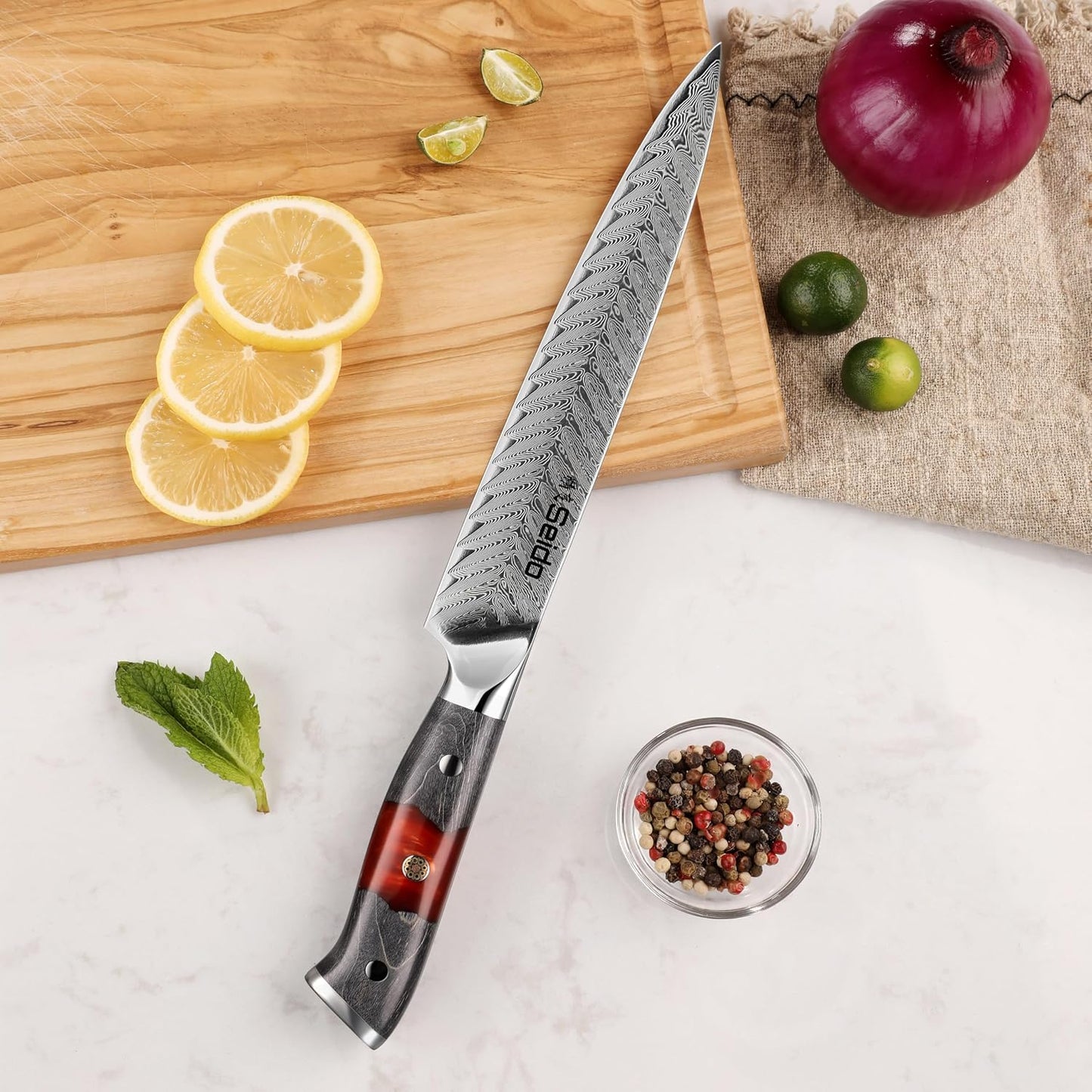 Seido Inferuno 8 Inch AUS-10 Damascus Sujihiki Slicing Knife | Razor-sharp Japanese slicing knife for sushi, brisket, roasts, and clean protein slices