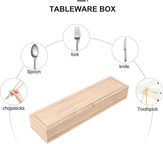 Bamboo Knife and Fork Storage Box with Sliding Lid Rectangular Flatware Organizer for Travel and Kitchen Drawer Compact 9.65X2.48X1.5 Inch Utensil Case