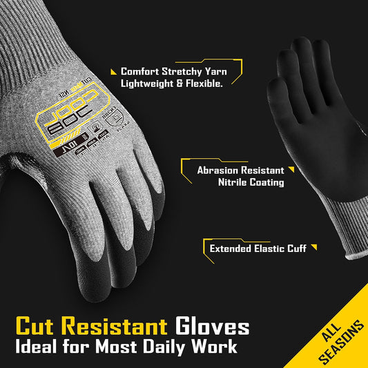 ANSI A5 Cut Resistant Gloves - 1/3/12 Pairs, Nitrile Rubber Dipped Safety Work Gloves for Men, Knife Proof with Grip Coating for Construction Warehouse Glass Wood Work, Grey Medium