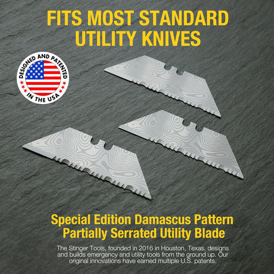 Special Edition Damascus Pattern Partially Serrated Utility Blades, SK5 Steel Box Cutter Blades, Standard Size Fits Most Utility Knives, 10-Pack with Plastic Case