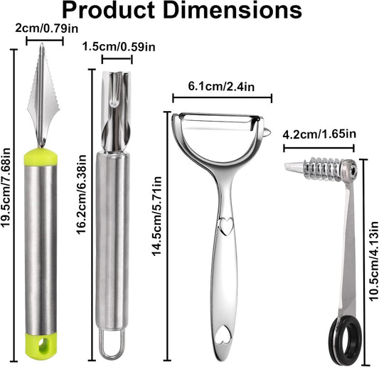 4pcs Kitchen Spiral Vegetable Cutter Set with V-Shaped Carving Cutting Tool, Peeler peeling and Flower-Shaped Fruit Carver Spiralizer Slicer Knife for Potatoes Cucumbers Melons Tomato Veggie