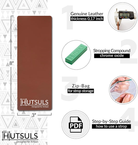 Brown Leather Strop with Compound - Get Razor-Sharp Edges with Stropping Kit, Green Honing Compound & Vegetable Tanned Two Sided Knife Sharpener Step-by-Step Guide Included
