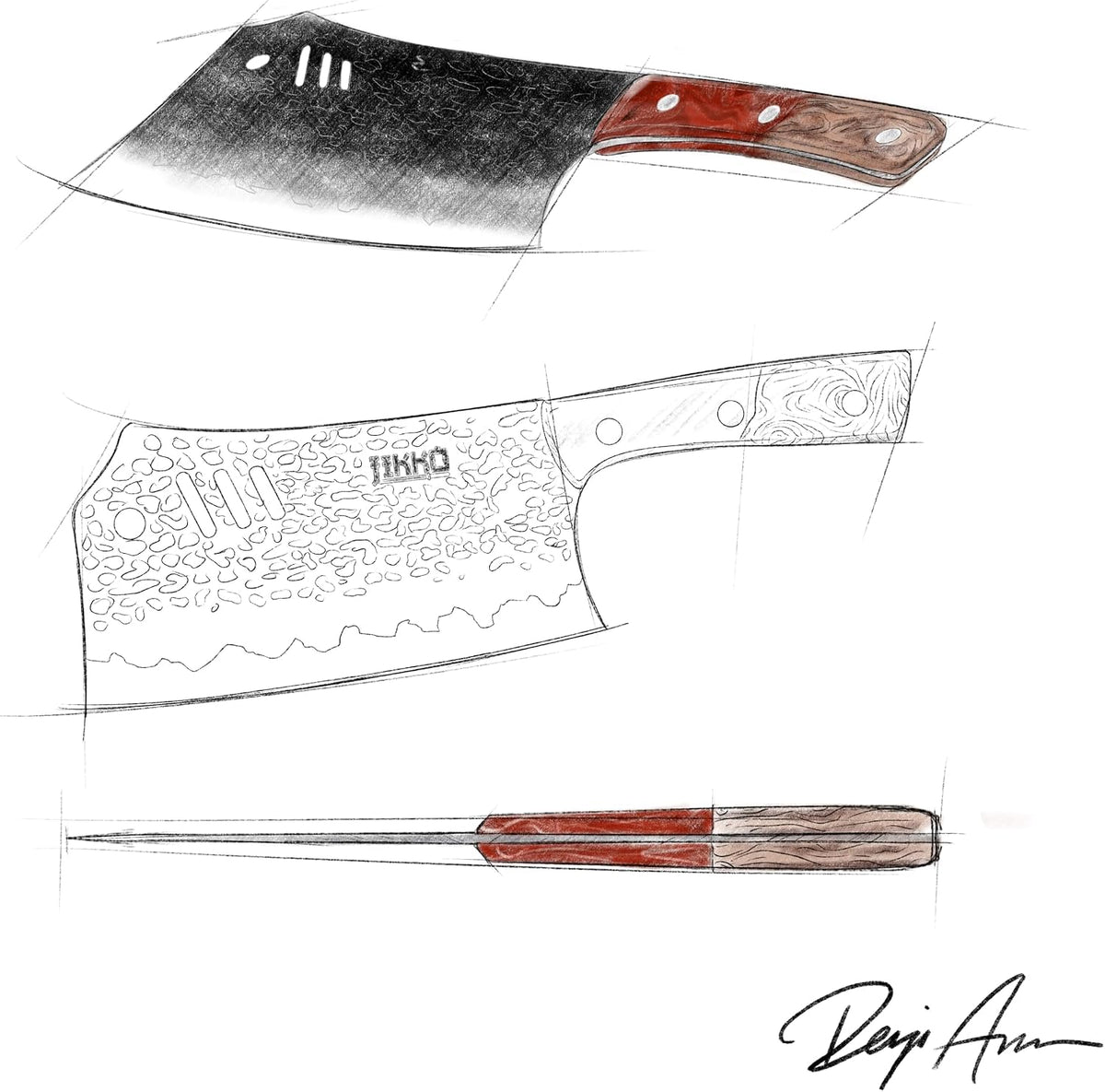 Japanese Meat Cleaver Knife Phoenix Edition Cleaver, 7.3" Blade, Forged Hammered Blade, Olive Wood & Resin Handle, Butcher Knife Cleaver, Japanese Kitchen Knife