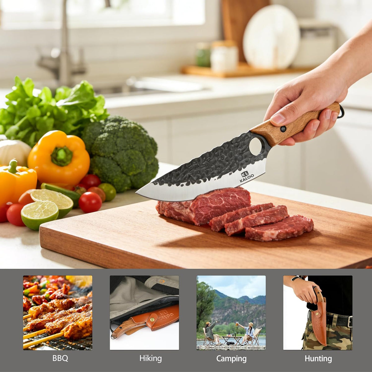 Japanese Chef Knife, Kaloo High Carbon Steel Hand Forged Butcher Viking Cleaver Kitchen Knife for Cooking, Chopping, Home and BBQ