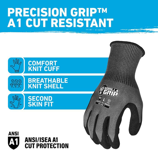 A1 Precision Grip, Cut Resistant Work Gloves, Nitrile Coated, Grey - Large (27222-212B)