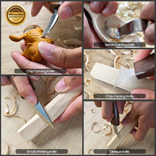 Wood Carving Kit 16-Piece | 8 Whittling Knives & 4 Detail Carving Knives, Walnut Handle High Carbon Steel Blades, with PU Leather Bag & Safety Gloves