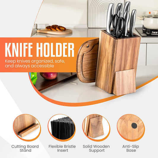 Acacia Wood Angled Knife Block with Multi-Purpose Holder – Universal Kitchen Knife Storage with Removable Bristle Insert (golden to medium brown, large)