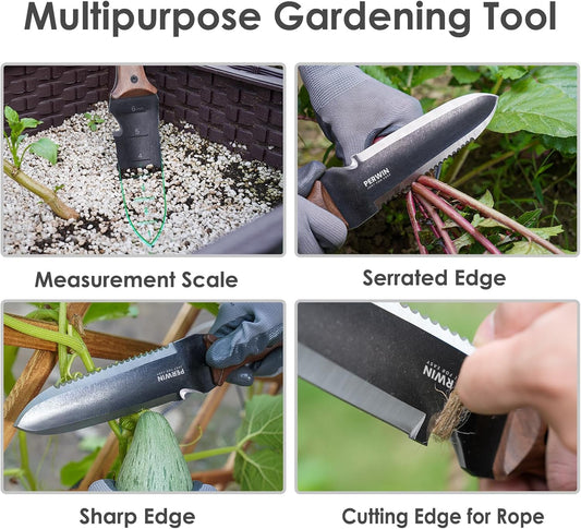 Hori Hori Garden Knife, Garden Tools with Sheath for Weeding, Planting, Digging, 7" Stainless Steel Blade with Cutting Edge, Full-Tang Wood Handle with Hanging Hole