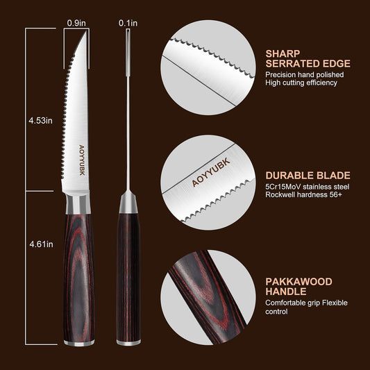Steak Knives Set of 4, 4.5 Inch Serrated Steak Knife with Pakkawood Handle, High Carbon Stainless Steel Sharp Dinner Knives for Cutting Thick Meat, Steak BBQ, Gift Box