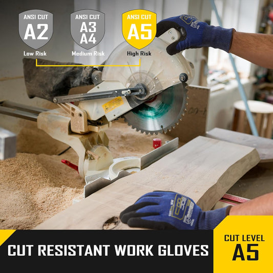 A5 Fiberglass Free Cut Resistant Gloves for Men, Touchscreen, Grip Nitrile Coated, No PFAS, Non Slip, Soft & Durable