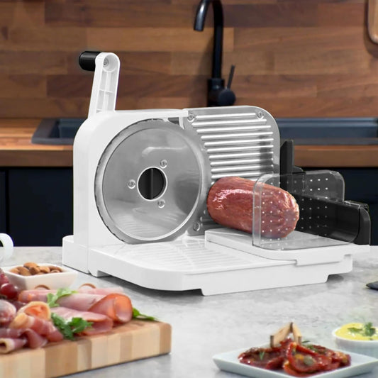 Deli Slicer, Slices Meat, Cheese, Bread, 6.5" Stainless Steel Blade, Adjustable Thickness Knob, Nestable for Easy Storage, 2-in-1 Fruit and Vegetable