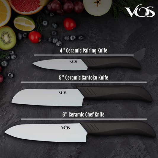 Ceramic Knife Set in Elegant Gift Box, Ceramic Knives Set For Kitchen, Ultra Sharp Kitchen Knife Set with Covers, 4" 5" 6" Paring, Santoku & Chef Knife, Lightweight, Dishwasher safe (Black Handle)
