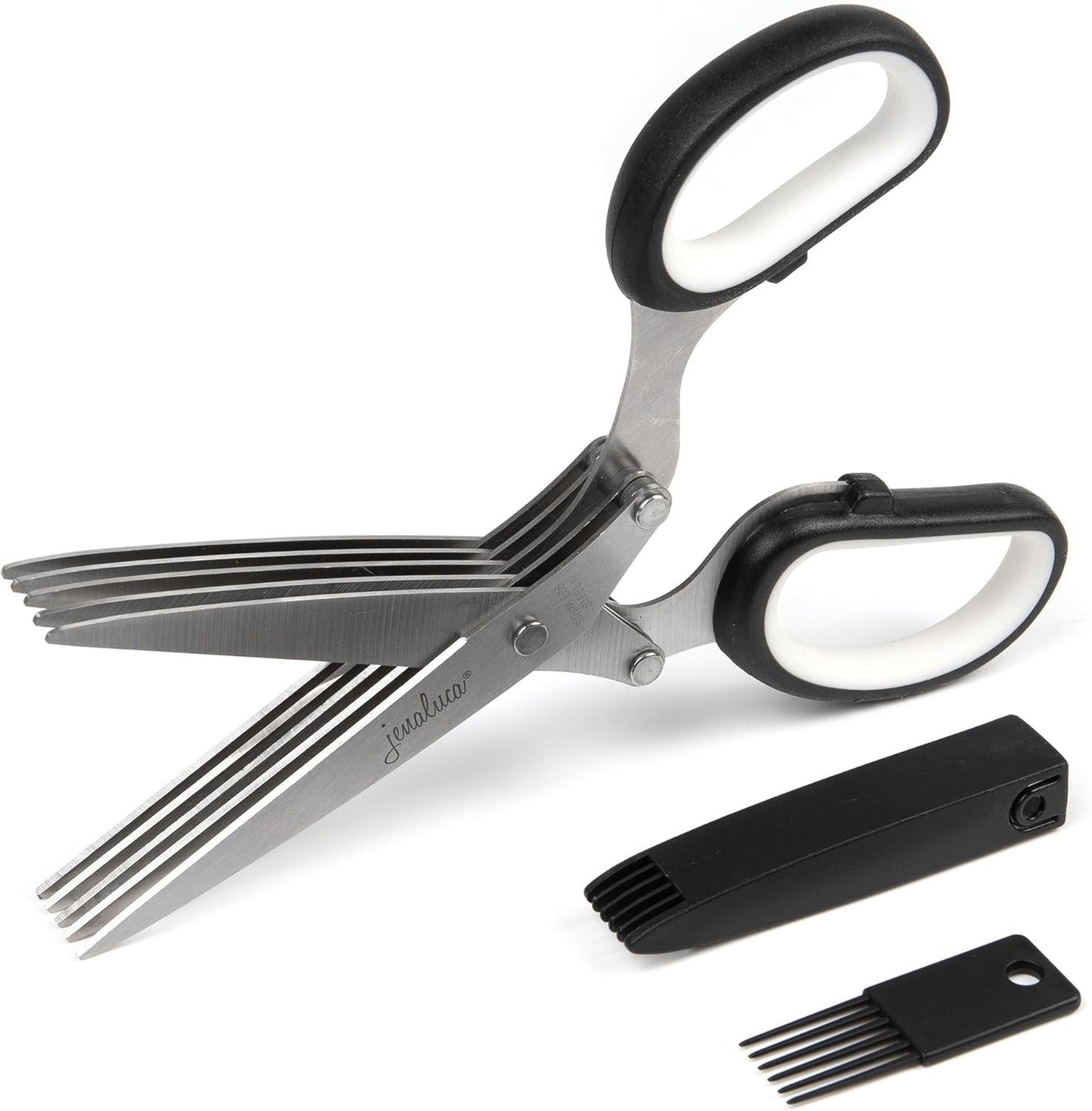 5-Blade Herb Scissors, Stainless Steel Kitchen Shears, Green | Cut & chop fresh herbs & leafy greens efficiently. Perfect salad scissors. Includes cleaning comb & safety cover.
