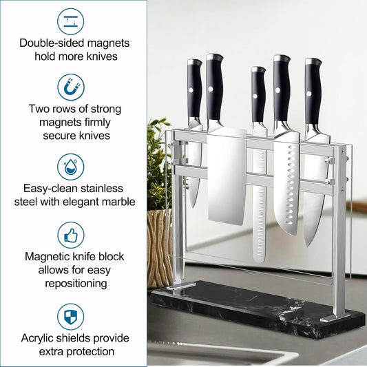 Magnetic Knife Block with Acrylic Shield - Marble Based Double Side Magnetic Knife Stand - Kitchen Magnetic Knife Holder - Knife Storage - Knife Holders for Counter Top - Black