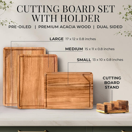 Wooden Cutting Board Set with Holder, 4-Piece, Gold | Built-in Groove, Gold Handle, Double Sided, Cutting Board Set with Stand, Reversible Charcuterie Tray, Stylish Kitchen Gift