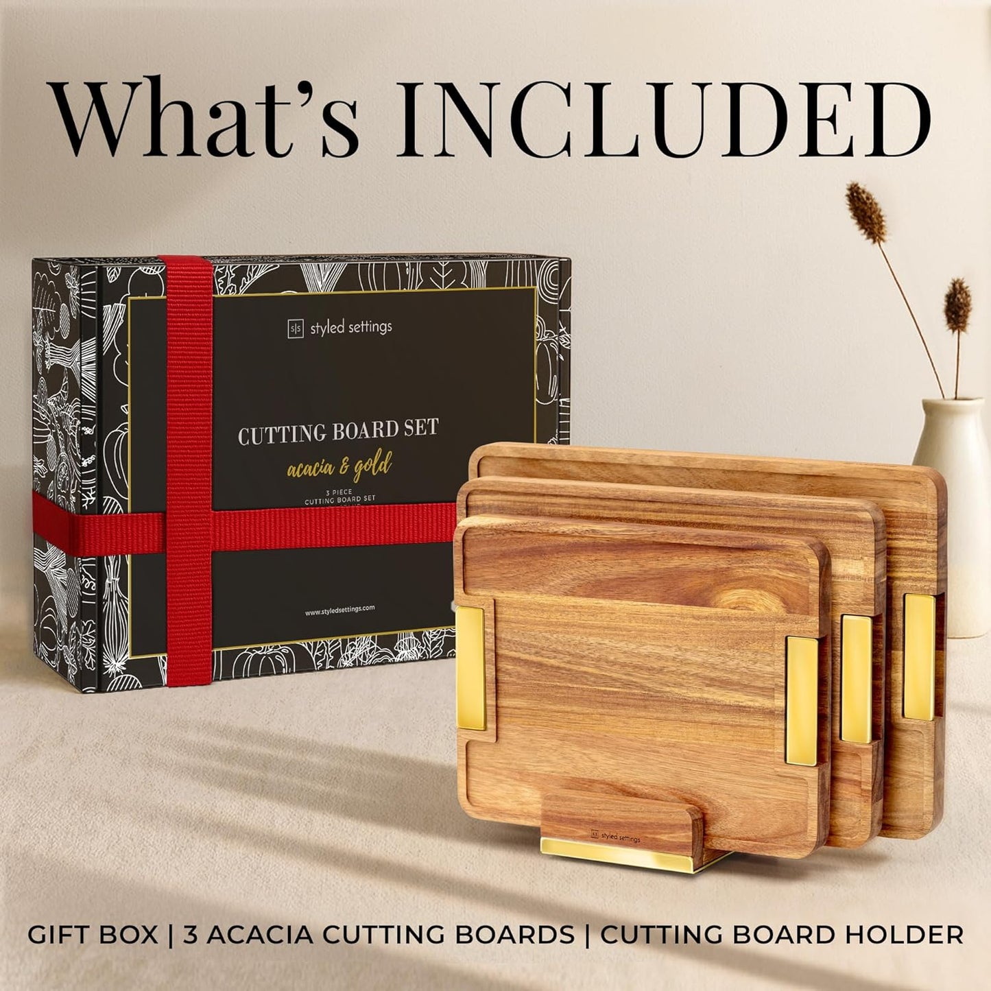 Wooden Cutting Board Set with Holder, 4-Piece, Gold | Built-in Groove, Gold Handle, Double Sided, Cutting Board Set with Stand, Reversible Charcuterie Tray, Stylish Kitchen Gift