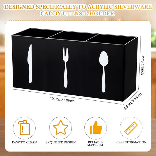Acrylic Cutlery Storage Organizer Bin Silverware Caddy Countertop Knife Spoon and Fork Holder Kitchen 3 Section Tableware Storage Box for Cabinet Indoor Home Flatware Dining Room (Black,M)