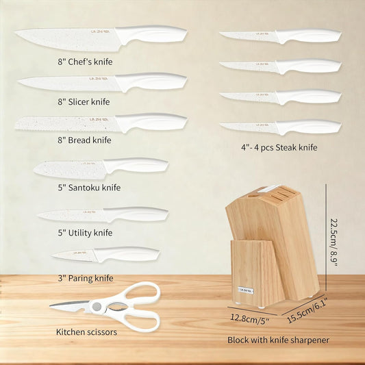 13 Piece Knife Set,Kitchen Knife Block Set,White stainless steel knife set with sharpener for Chopping, Slicing, Dicing & Cutting,Dishwasher safe