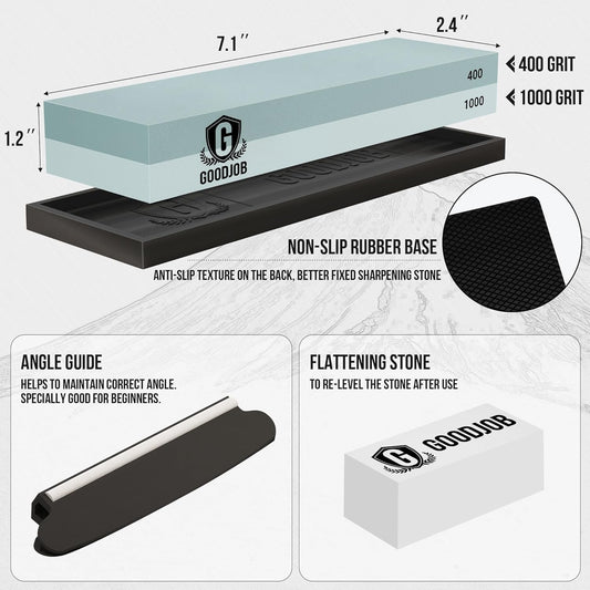 Premium Knife Sharpening Stone Kit with Angle Guide & Flattening Stone | Dual Grit 400/1000 Whetstone Knife Sharpener Set, Non-Slip Silicone Base Water Stones for Kitchen Knives