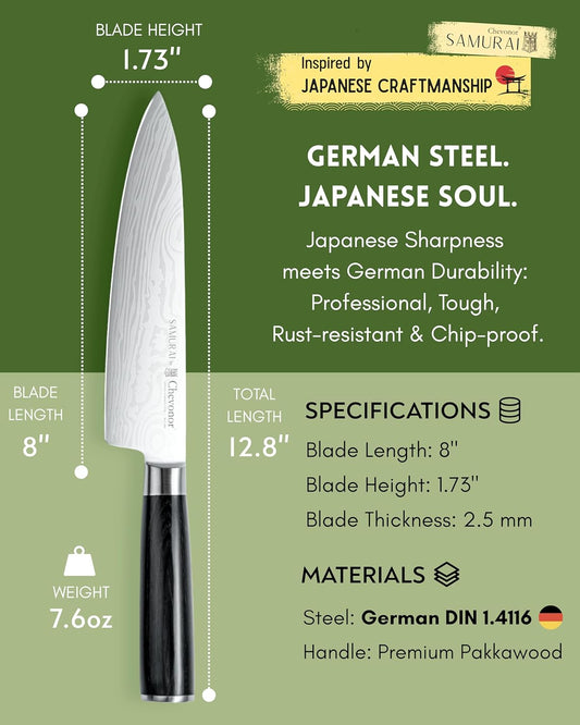 Samurai 8 Inch Gyuto Chef Knife, Ultra Sharp Japanese Style Kitchen Knife with Damascus Pattern - German Stainless Steel (DIN 1.4116), Professional Meat & Vegetable Slicer, Premium Gift Box