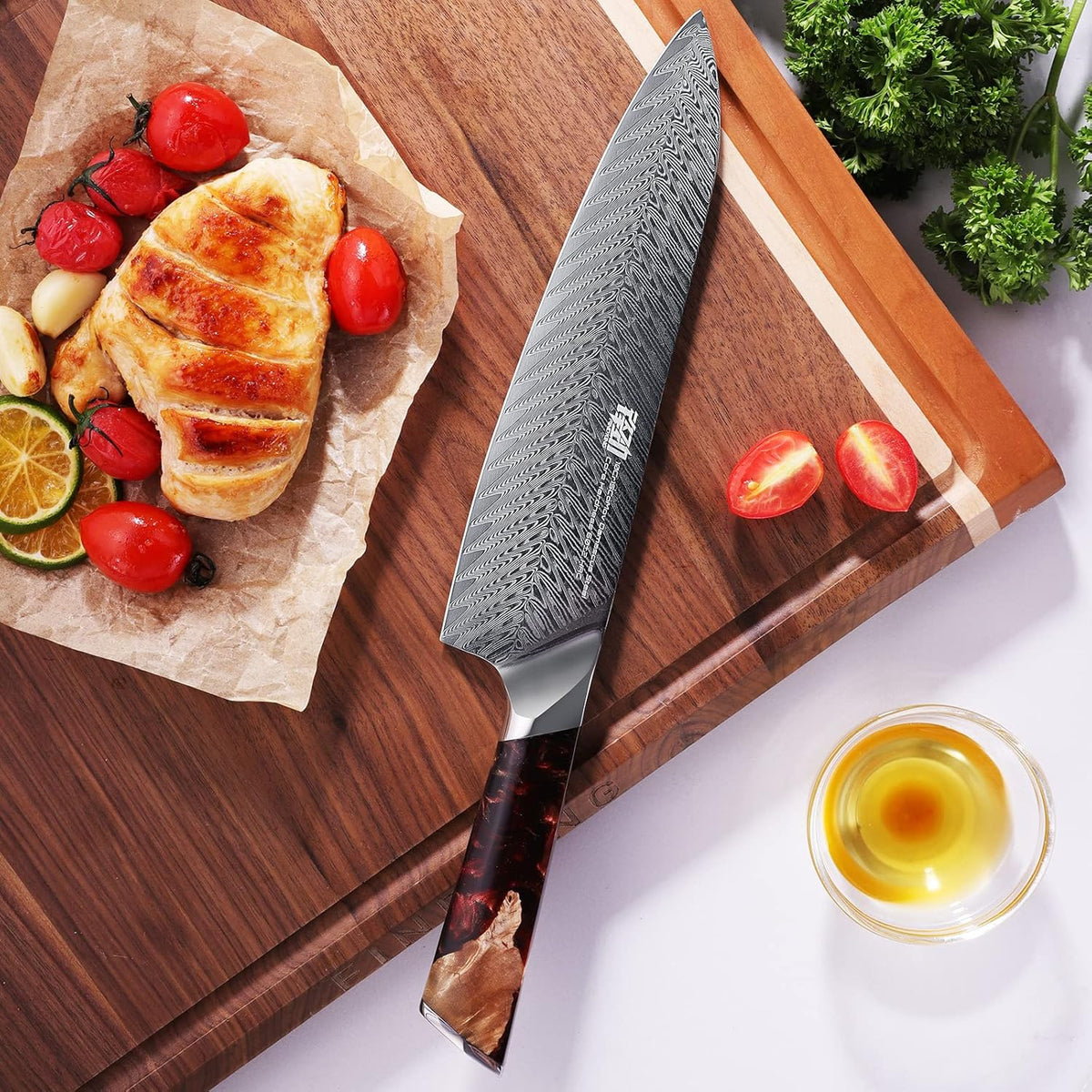 Nebula Series Chef Knife with ABS Sheath, Multipurpose Japanese Gyuto Knife, 10Cr15CoMov Damascus Steel Blade, Resin and Figured Sycamore wood Handle, Full Tang, 8 Inch, Blue, for Meat
