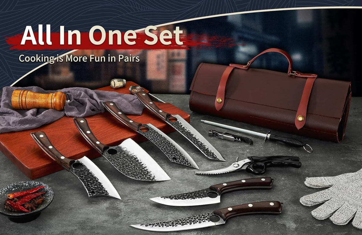 DRGSKL Serbian Chef Knife Set - 10 PCS Hand Forged Knife Set with Bag | Japanese ATS-34 Steel, Hand Forged Full Tang Knife, Ebony Handle, Anti-stick Pounding Texture, Full Accessory Kit, Ideal Gift