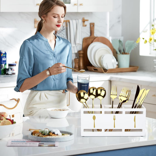 Wood Flatware Silverware Caddy White Cutlery Holder Kitchen Utensils Holder for Party Wooden Silverware Organizer for Countertop Knife Spoon and Fork Holder Table Utensil Caddy Organizer