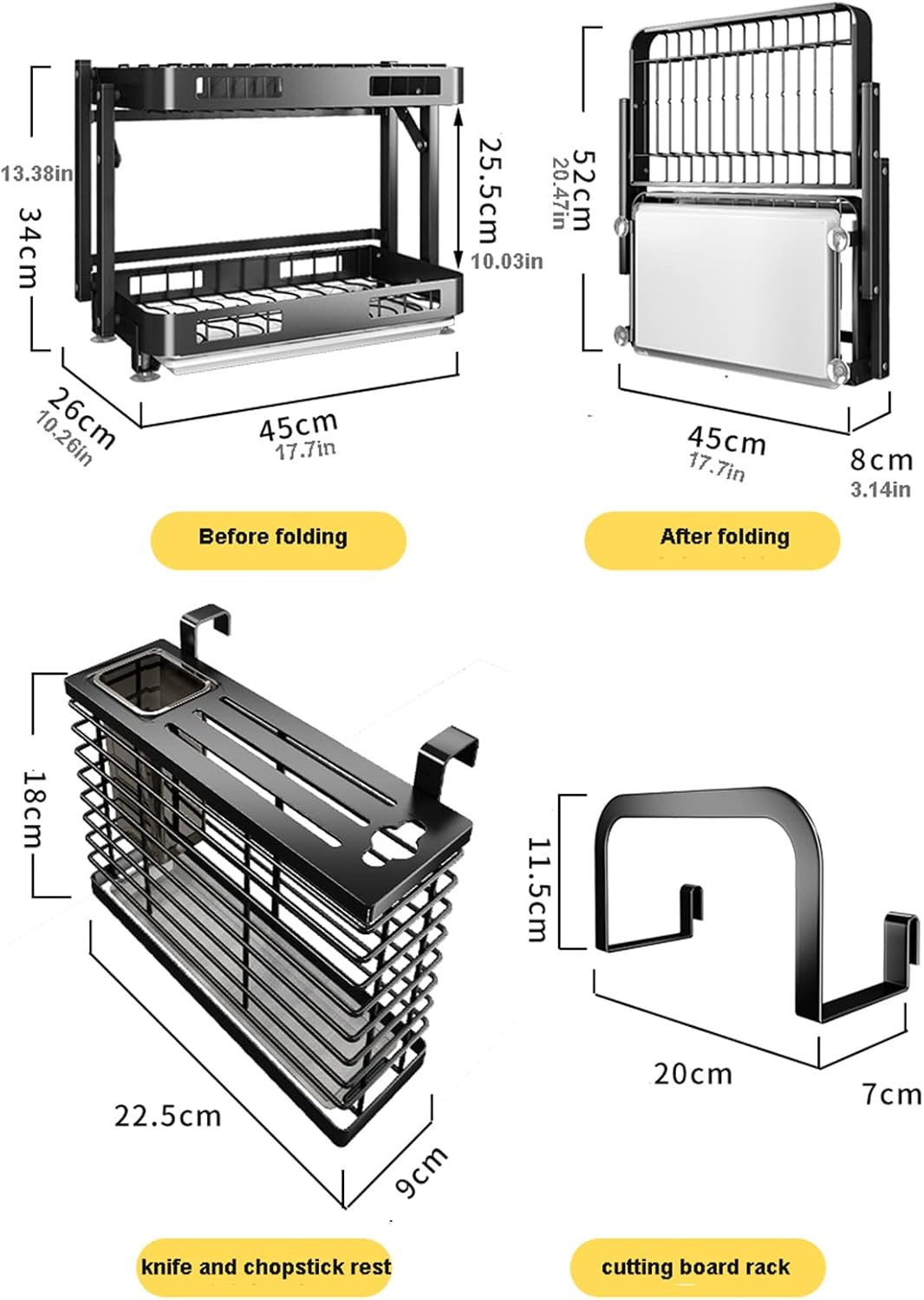 Wall Mounted Stainless Steel Dish Drying Rack, 1 Collapsible Double Layer Dish Drainer with Removable Water Tray, 1 Cutting Board Holder, 1 Knife Chopsticks Rest