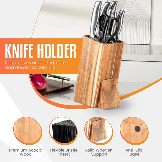 Acacia Wood Angled Knife Block with Multi-Purpose Holder – Universal Kitchen Knife Storage with Removable Bristle Insert (cinamon, regular medium)