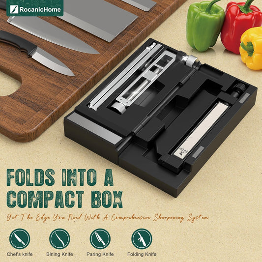 Ultra-Portable Knife Sharpener with 4 Diamond Grit Sharpening Stones | Adjustable sharpening angle & magnetic clamp; 4 stones from 240 to 2000 grit; easy assembly for kitchen outdoor pocket knives