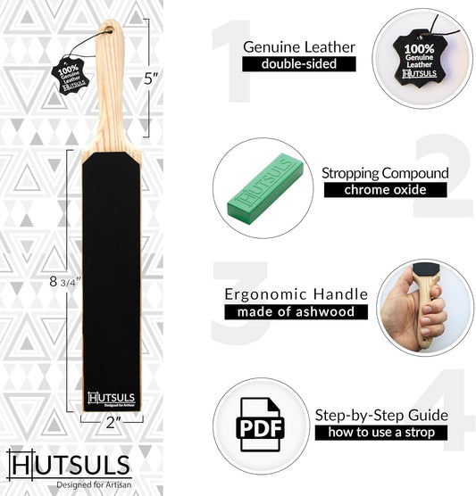 Double Sided Leather Strop Paddle Kit - Get Razor-Sharp Edges, Ergonomic Handle, Quality Honing Leather, and Step-by-Step Guide