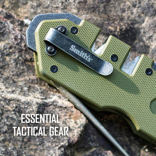 Smith’s 50981 Pocket Pal Tactical Knife Sharpener - OD Green - 2 Stage Sharpener & Diamond Sharpening Rod - Pocket Clip - Outdoor Hunting Knife & Hook Sharpener - Compact & Lightweight