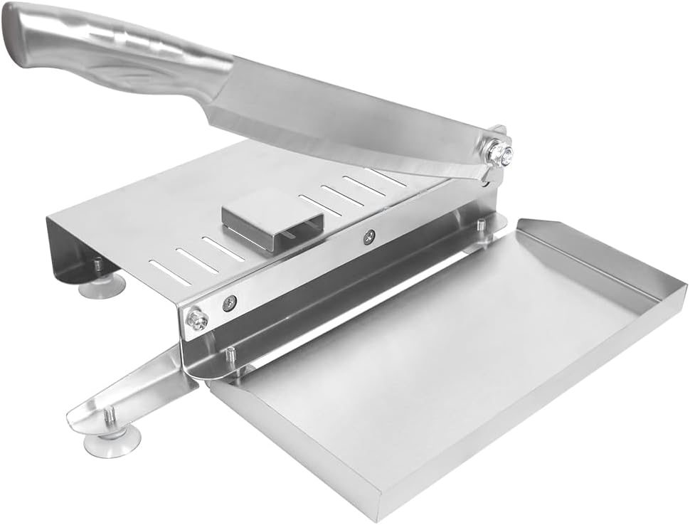 Bone Meat Cutter for Fish, Beef, Chicken, Ribs, Jerky, Vegetable | Manual meat slicer with food tray, stainless steel, manual ribs chopper for frozen meat