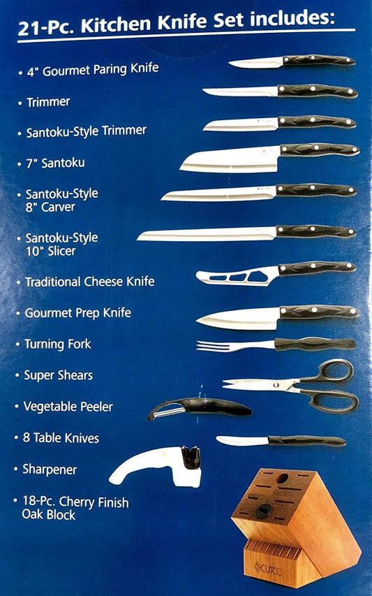 21 Piece Kitchen Set with Cherry Finish Oak Block, 8 Table Knives, Paring, Trimmers, Santoku Chopper Chef Knife, Carver, Slicer, Cheese Knife, Turning Fork, Shears, Peeler, Sharpener