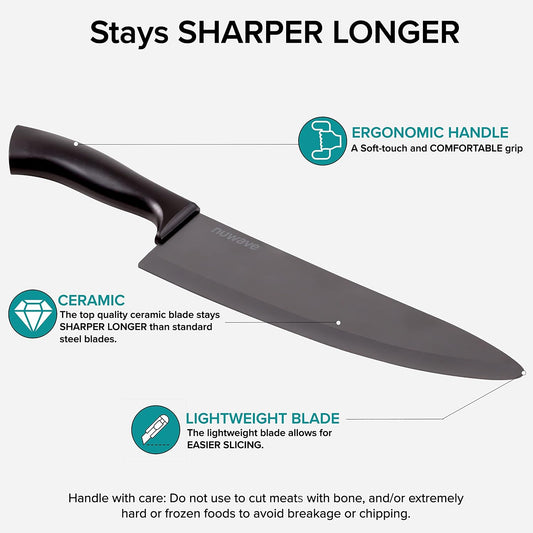 4-Piece Black Ceramic Knife Set - Includes 3' Paring, 5' Utility, 6.5' Everyday & 8' Chef's Knife, Ideal Super Sharp Kitchen Knives, Rust-Proof, Ergonomic Handles