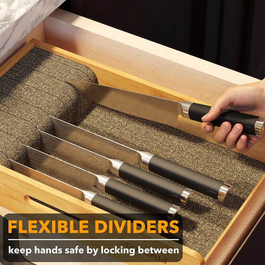 Knife Drawer Organizer 9 inches Wide Bamboo Insert Dock, Kitchen Steak Knives Holder Organizers Block for Drawer in Storage Organization (Medium, Natural)