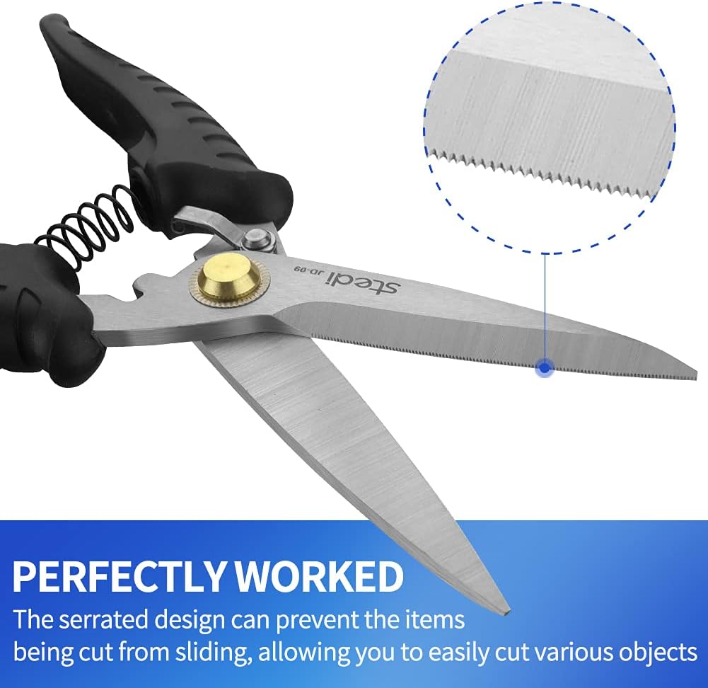 Scissors Heavy Duty, Multi-Purpose Shears with Finely Serrated High Carbon Stainless Steel Blades -Easy Cutting Electrical Cable Notch, Insulation, Non-Slip Comfortable Handle, Soft Cable