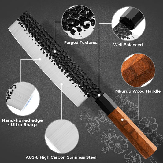 Japanese Nakiri Knife 7" Kitchen Knife Sharp Meat Cleaver and Vegetable Kitchen Knives Hand Forged High Carbon Japanese AUS-8 Stainless Steel Chef Knife with Rosewood Handle & Gift Box