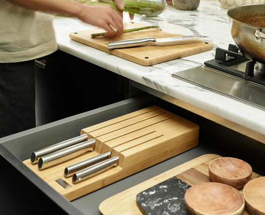 Elevate Kitchen Knives 5-piece Japanesse Stainless Steel knife set, in drawer Bamboo Block organizer tray