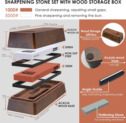 2 PCS Knife Sharpener Stone Set with Storage Box | Whetstone Grit 1000/5000 Knife Sharpening Stone with Non-Slip Silicone Base and Angle Guide Whetstone Knife Sharpening Kit