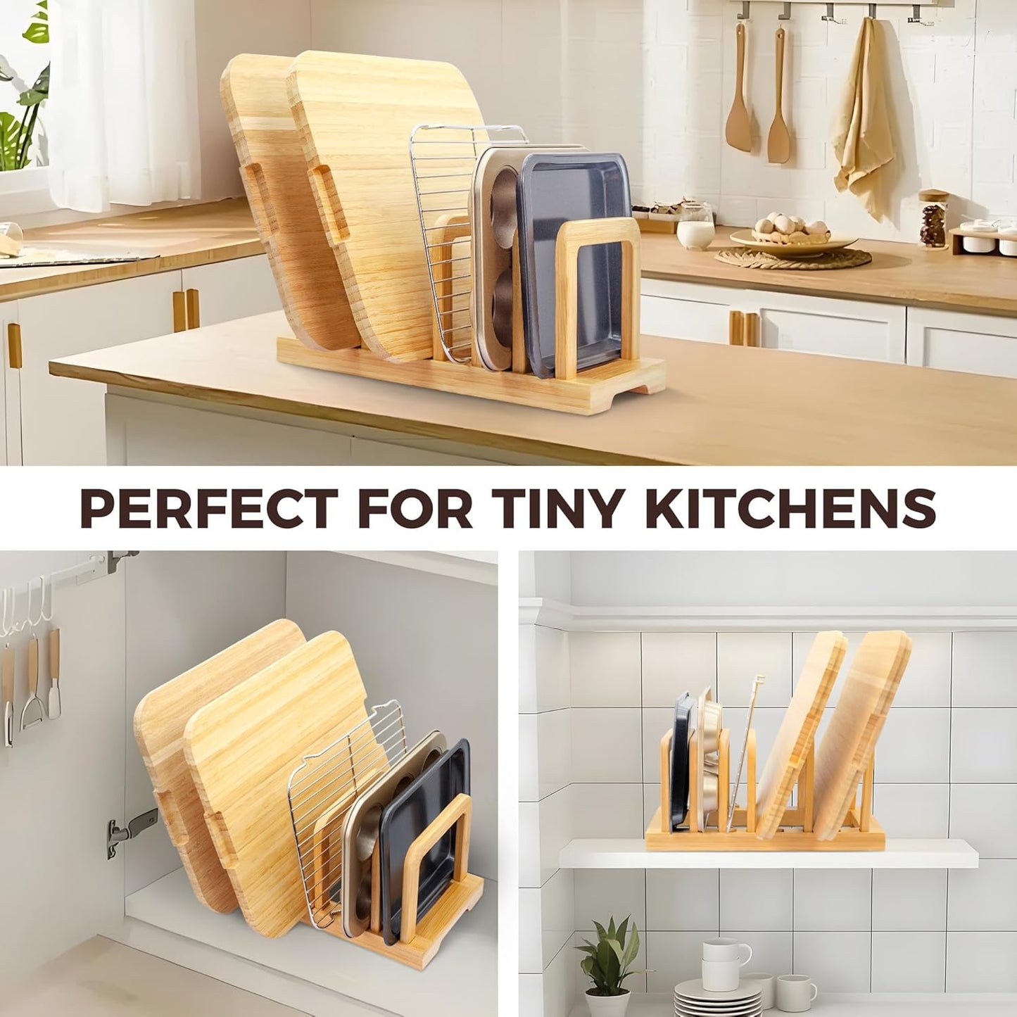 Bamboo 5-Slot Adjustable Cutting Board Rack & Bakeware Organizer with Non-Slip Pads for Kitchen Storage,Small